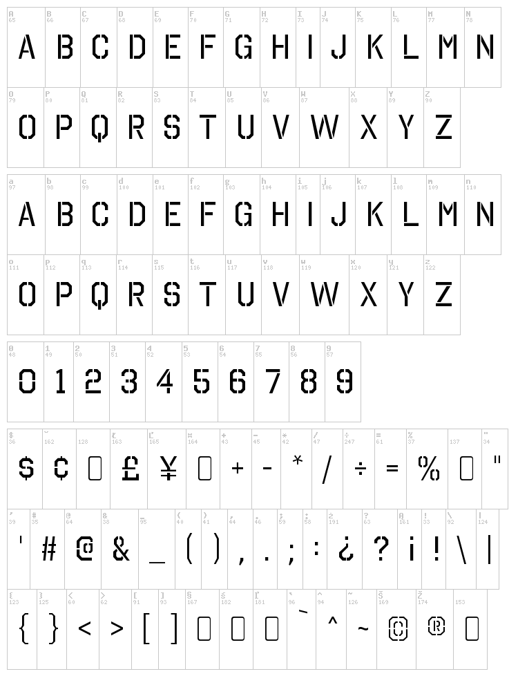Octin Stencil Free font map
